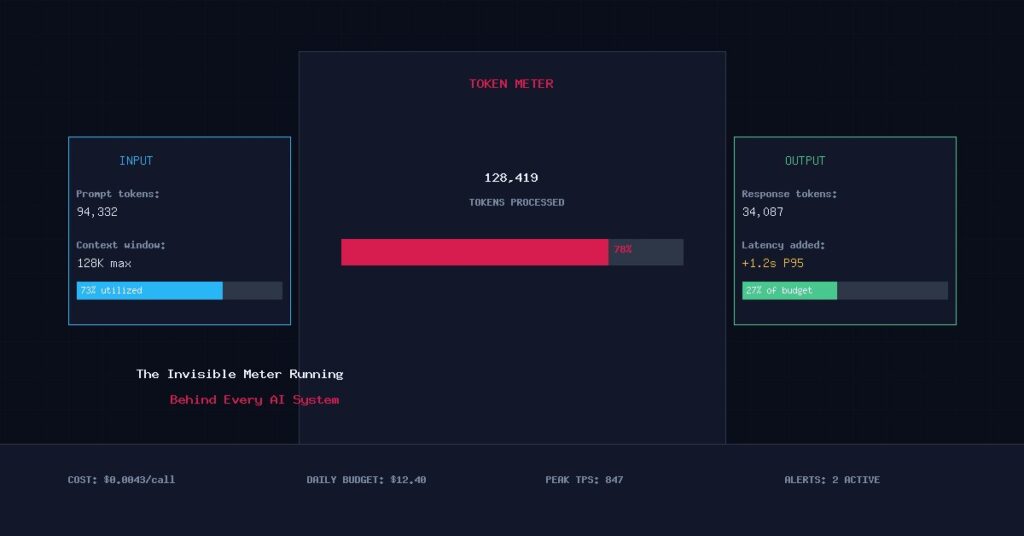 Illustrative token accounting dashboard with input, total, and output panels