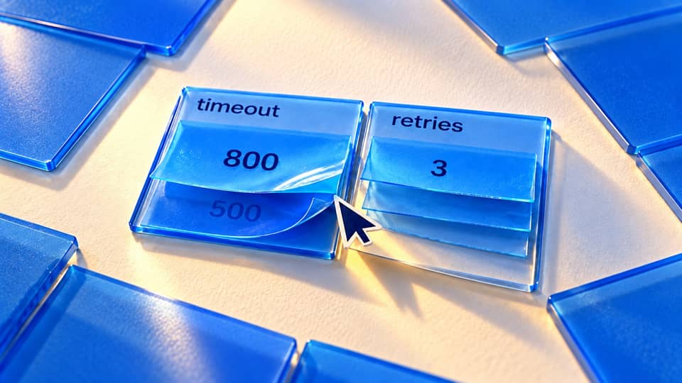 Two separate glass cell stacks show illustrative timeout values 800 and 500, and a current retry value of 3, with a cursor lifting one version.