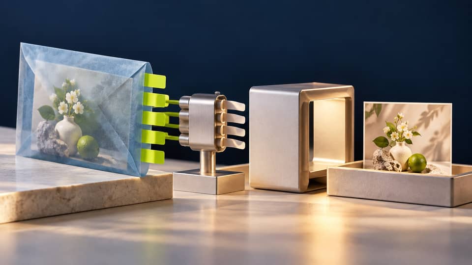 A translucent envelope with a floral image and lime tabs sits beside a metal adapter, a glowing aperture and a matching print in a delivery tray.
