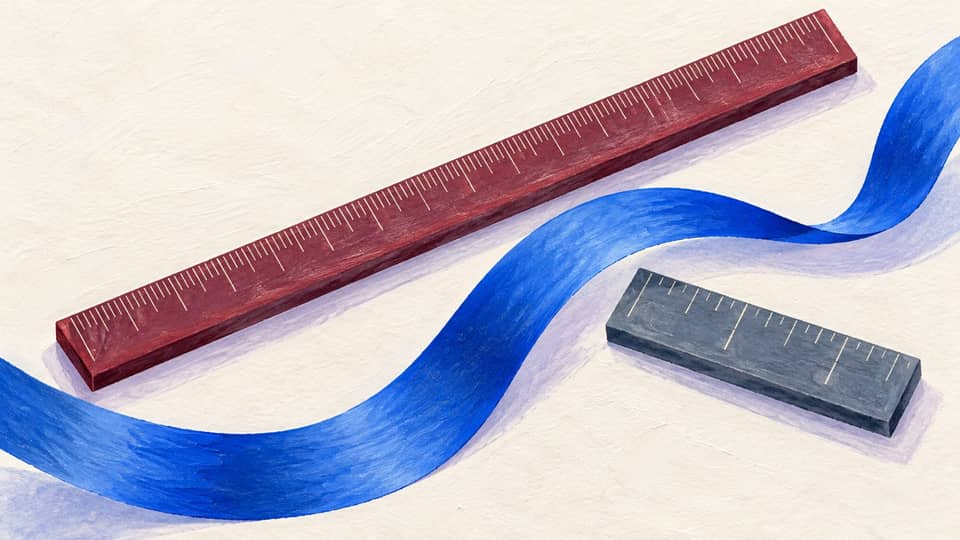 Painted rulers with fine and coarse tick marks beside a blue ribbon, a conceptual comparison of numerical precision.