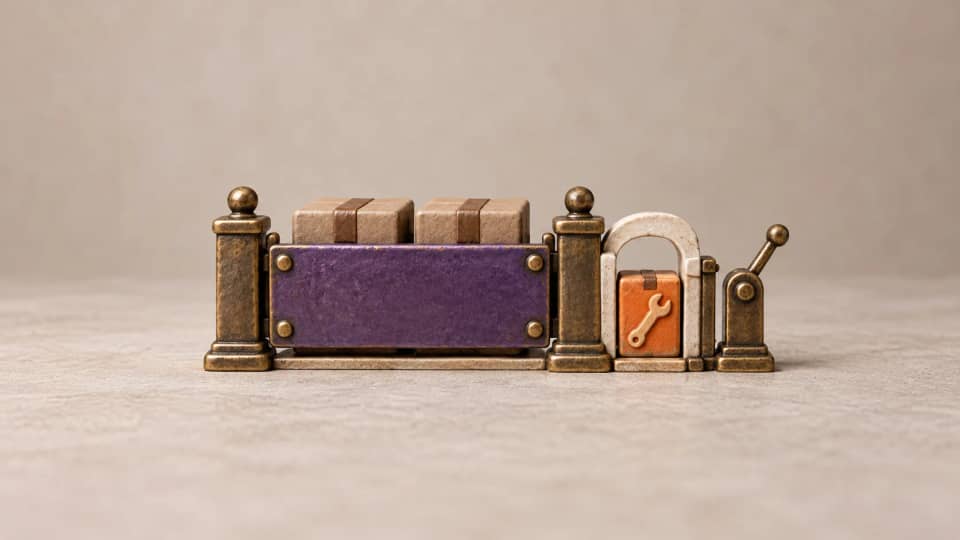 A closed gate holds ordinary parcels while one repair parcel waits beside a narrow wicket and an unturned approval latch.