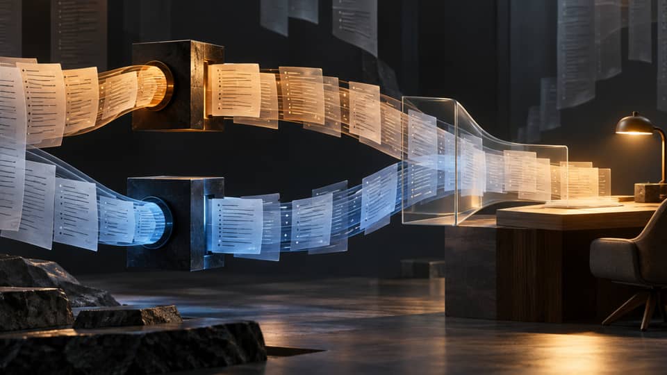 Two streams of paper log records pass through separate amber and blue gates before converging at a quiet review desk.