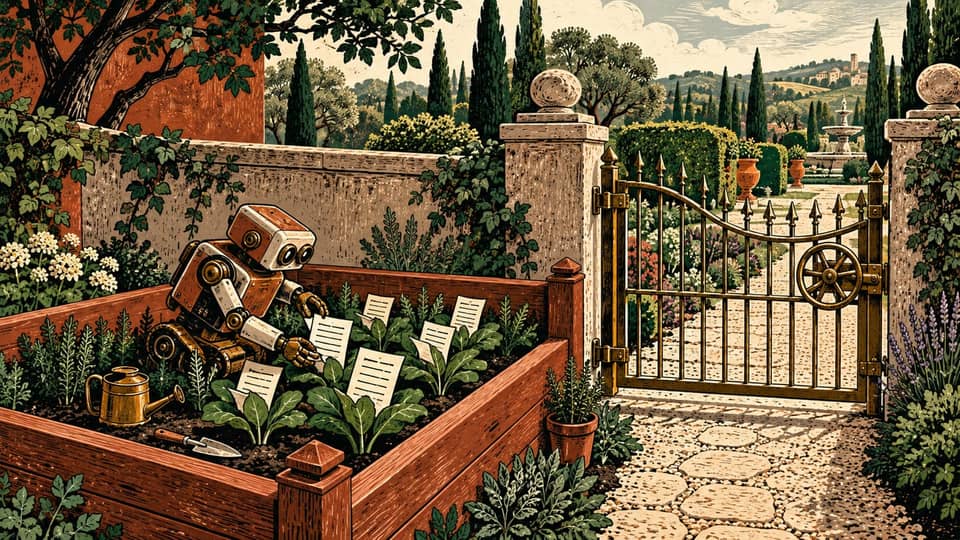 A small mechanical gardener tends paper documents inside a raised bed beside a closed hand-operated gate to a larger garden.