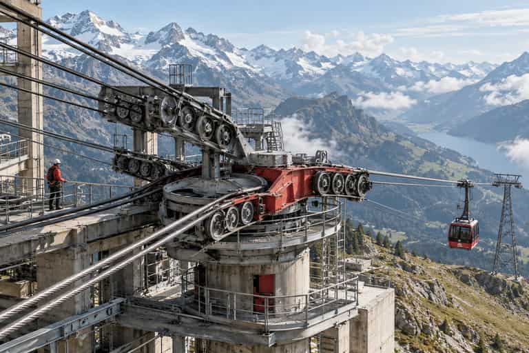 Conceptual alpine cable-car switching station where several cable routes converge through one mechanical selector into a chosen path.