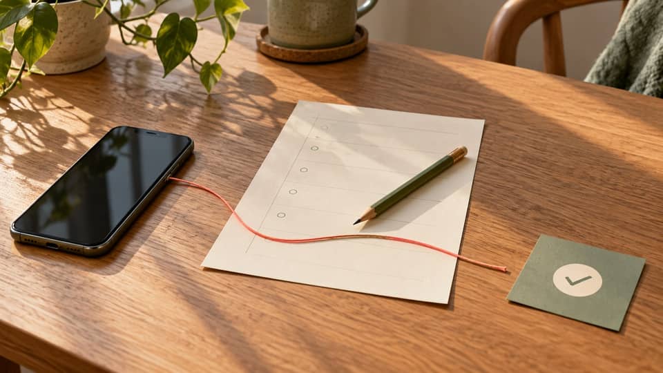 A phone and pencil lie beside a paper checklist, with a red thread stopping short of a separate green card bearing a check mark.