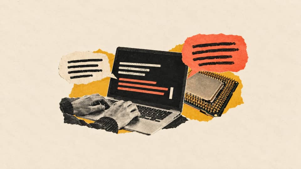 Cut-paper collage of hands typing a prompt, a laptop, processor and a generated response.