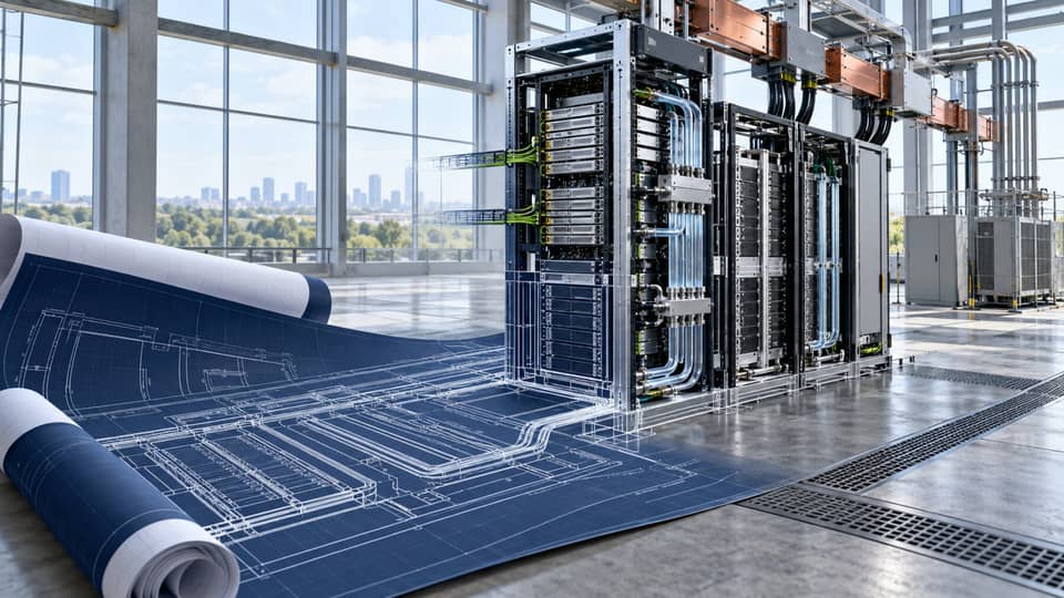 An architectural blueprint rises into a modular liquid-cooled AI rack with visible network, power and cooling interfaces.
