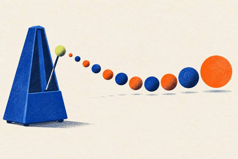 A blue metronome stands beside a curved sequence of colored beads ending in a larger orange disc.