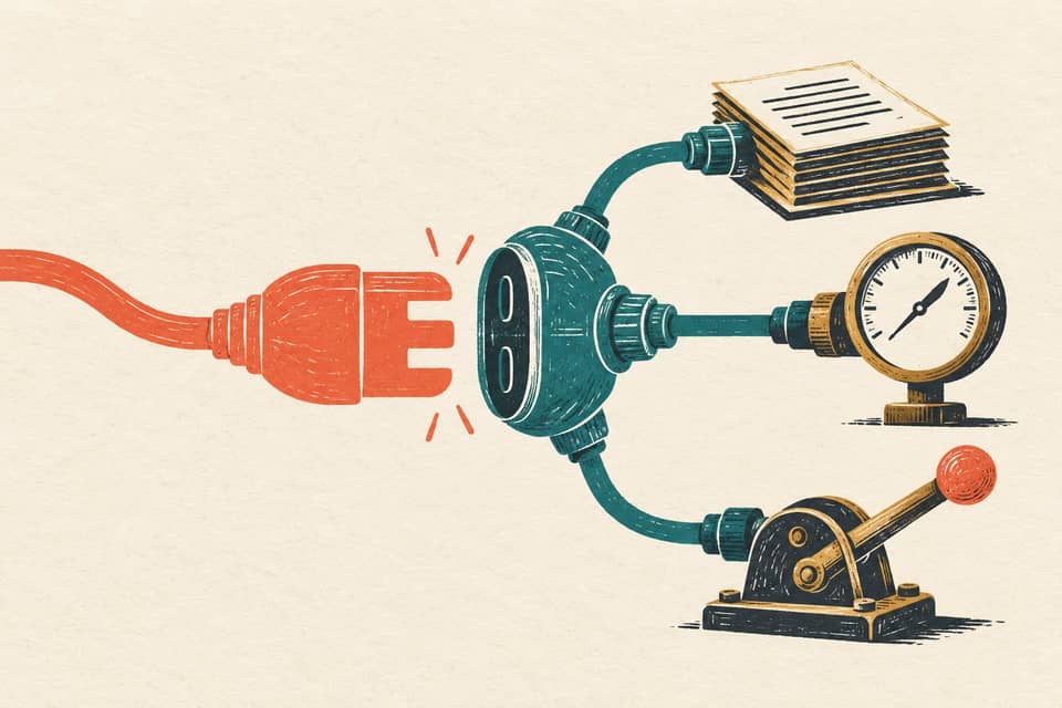A coral connector faces a teal hub linked to a document stack, measuring instrument and lever, a printmaking metaphor for a shared software interface.