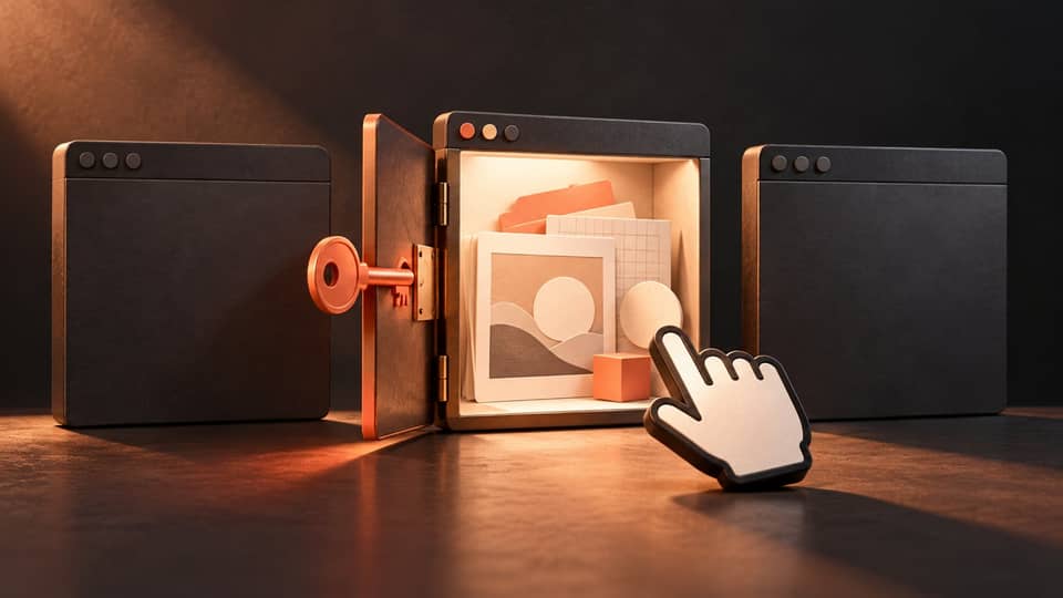 Conceptual cursor and key beside one open application-shaped frame, with two other frames closed.