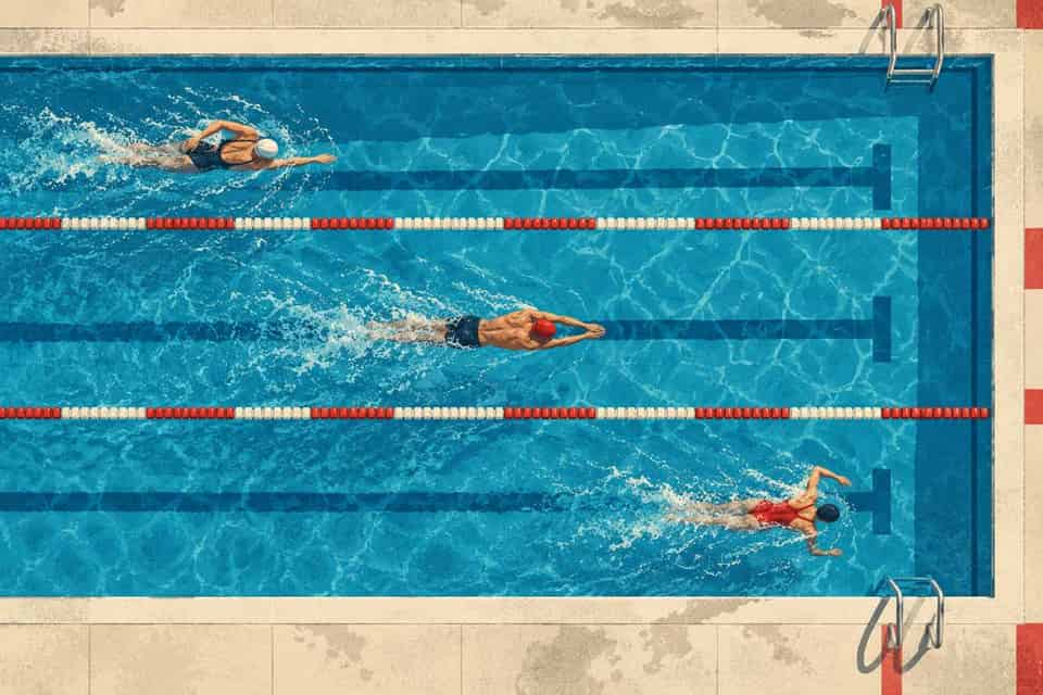 Editorial illustration of three swimmers in separate pool lanes, each at a different position.