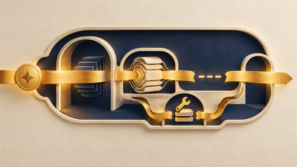 Conceptual cutaway of nested request stages, an interrupted gold ribbon, and a small tool representing additional instrumentation.