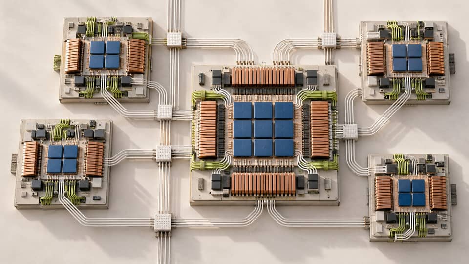 A top-down editorial model of modular blue compute chiplets, copper memory bands, green power paths, and white network links forming one inference system.