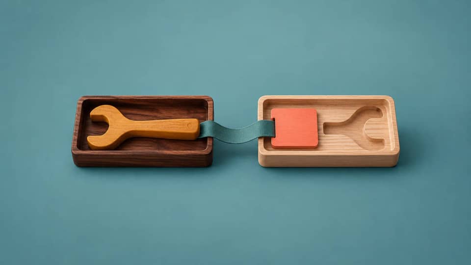 A recovery tool remains in one tray while a work card sits in another beside an empty tool-shaped recess.