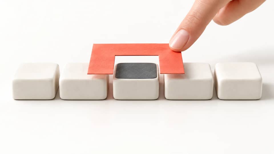 A coral stencil exposes one porcelain block in a row, placing a graphite change layer only on that block.