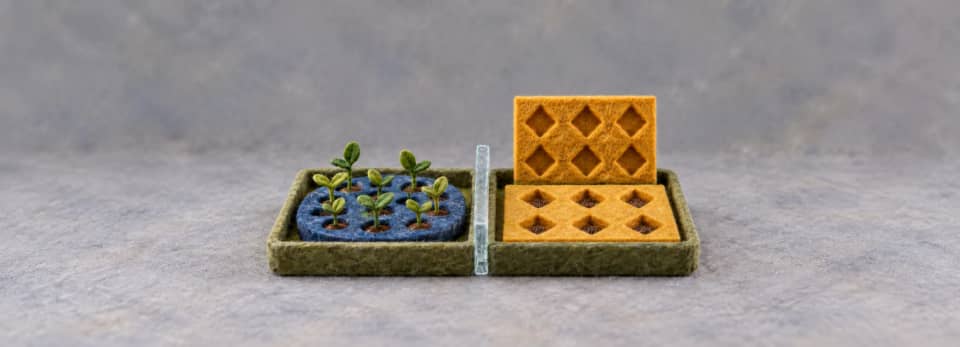 Separate propagation trays hold a blue round seed mat and a gold rectangular seed mat, with a matching gold master pattern behind the new tray.