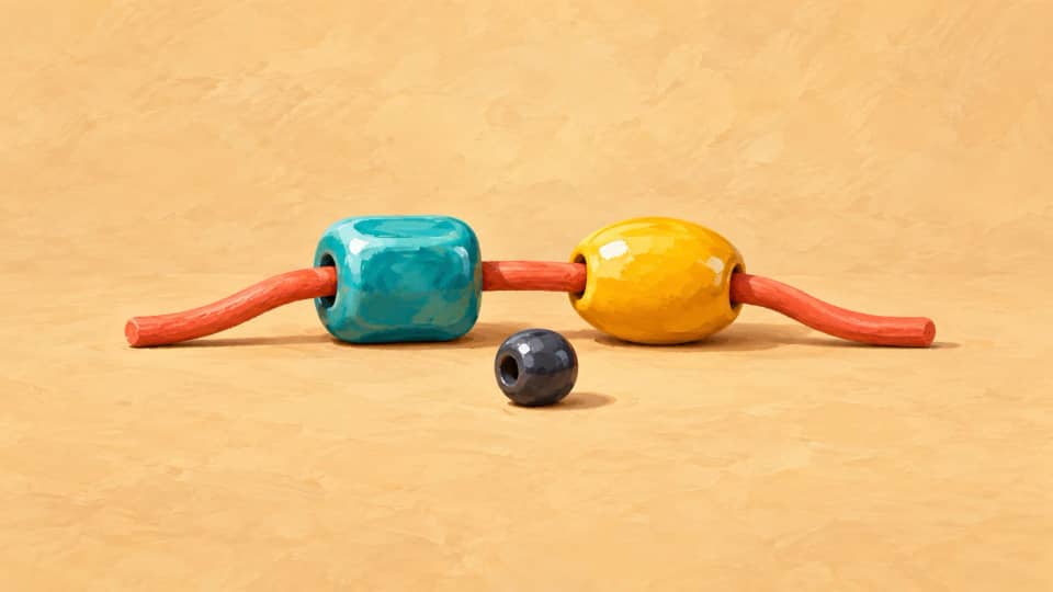 A coral cord passes through a turquoise bead and a yellow bead, while a separate charcoal bead remains unconnected below.