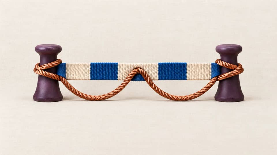 An orderly woven duty band repeatedly draws on the same two specialist pegs through a separate copper support thread.