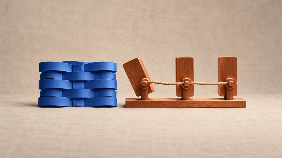 Smooth blue sample bands sit beside three connected copper stages illustrating a controlled dependency cascade.