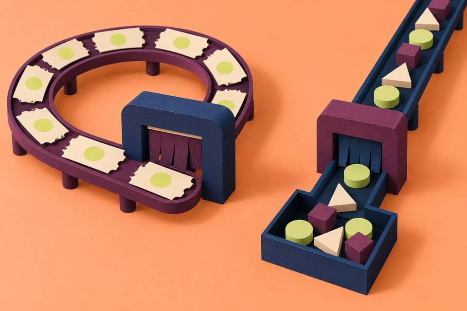 A looping track of paper coupons and a separate straight track of geometric tokens pass through different gates.