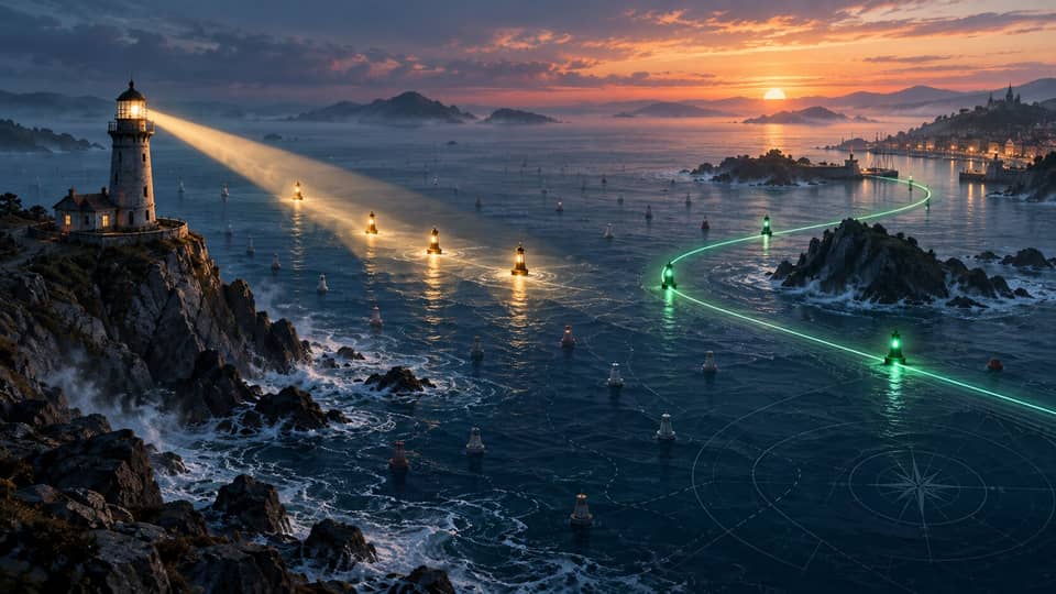A lighthouse selects a few relevant memory buoys while a green navigation path continues around rocks toward a harbor.