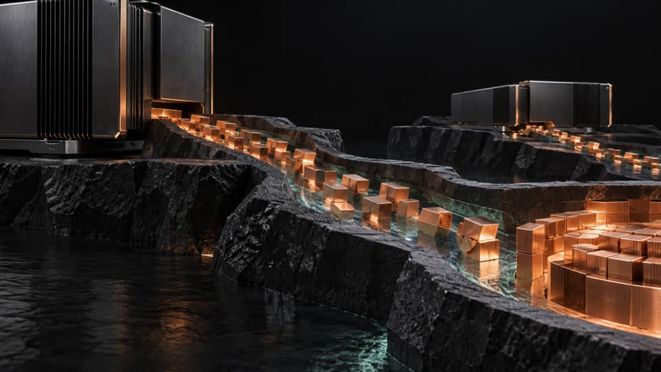 Copper expert blocks move through black basalt channels between a large GPU monolith, system memory reservoir and smaller peer device.
