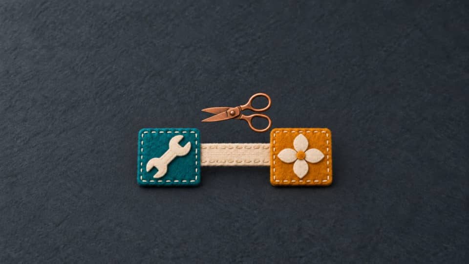 Open copper shears hover over an uncut bridge joining a teal repair patch and an amber feature patch.