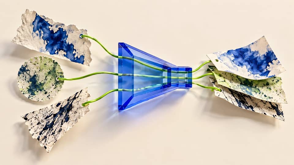Conceptual paper source fragments connected by lime threads through a transparent blue gateway.