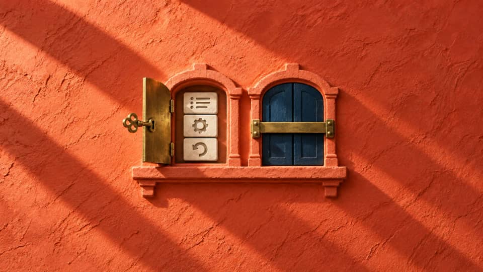 A brass key opens a directory shutter beside a separate closed blue shutter secured by a policy bar.