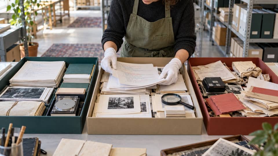 An archivist sorts code and documentation sheets into keep, review, and retire boxes using an evidence ledger.