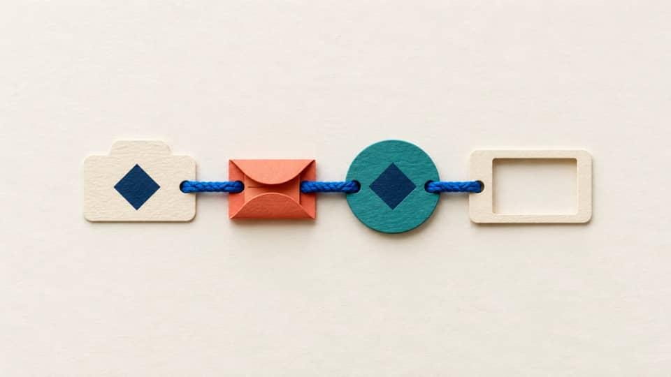 A blue thread links a diamond-marked acceptance tab through a queue pocket and matching worker record to an empty completion frame.