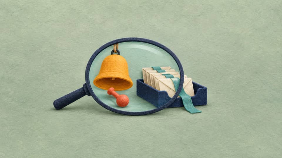 A bell's detached clapper sits beside continuing customer letters, with a review lens spanning both observations.