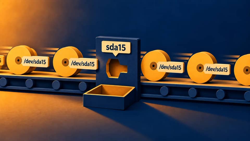 Conceptual illustration of observations labeled /dev/sda15 passing an old filter labeled sda15, with an empty selection pocket.