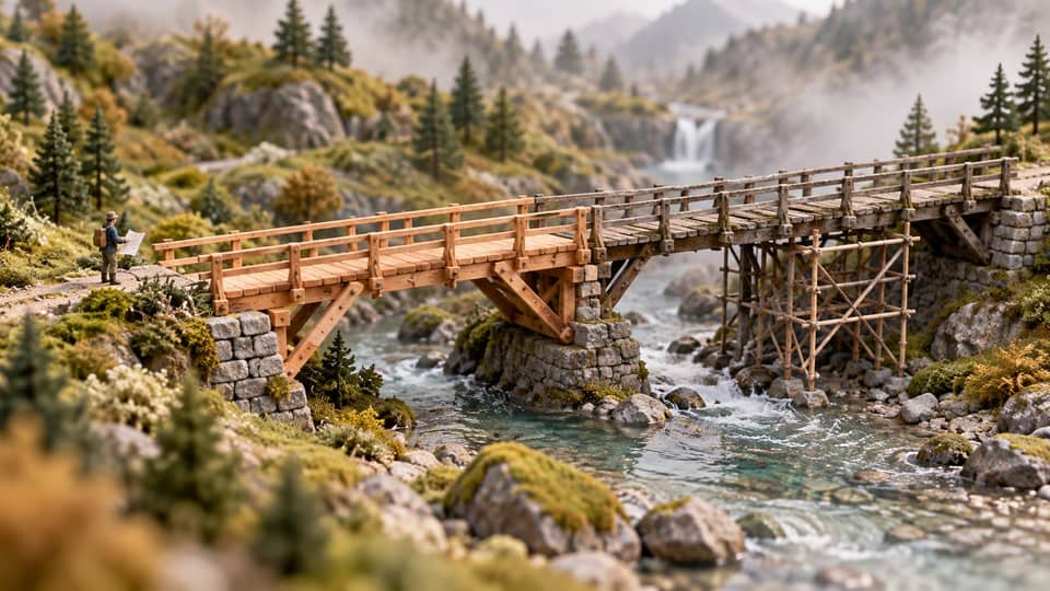 A miniature wooden bridge has a newly repaired near span, while the weathered adjoining section still rests on temporary scaffolding.