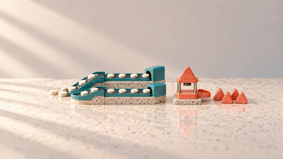 Round tokens travel through two test lanes while triangular work waits beside the candidate’s untouched write press.