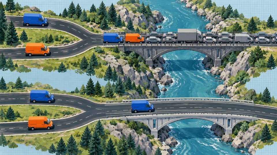 Blue and orange vans both queue at one crowded bridge while both colors move on an alternate open route.
