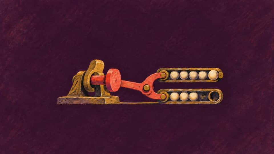 An ochre lever is held by a coral pin linked to two bead tracks whose ends do not yet align.