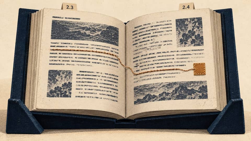 A stitched copper thread connects pages marked 2.3 and 2.4 in an illustrated open manual, ending at an amber patch.