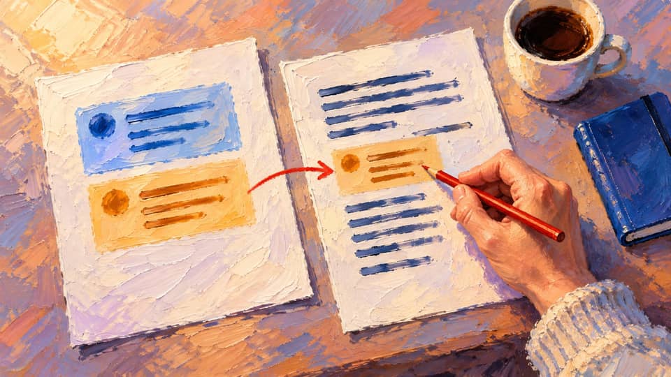 A red pencil and arrow connect an amber source card to the matching card retained in a draft, beside a second blue observation.