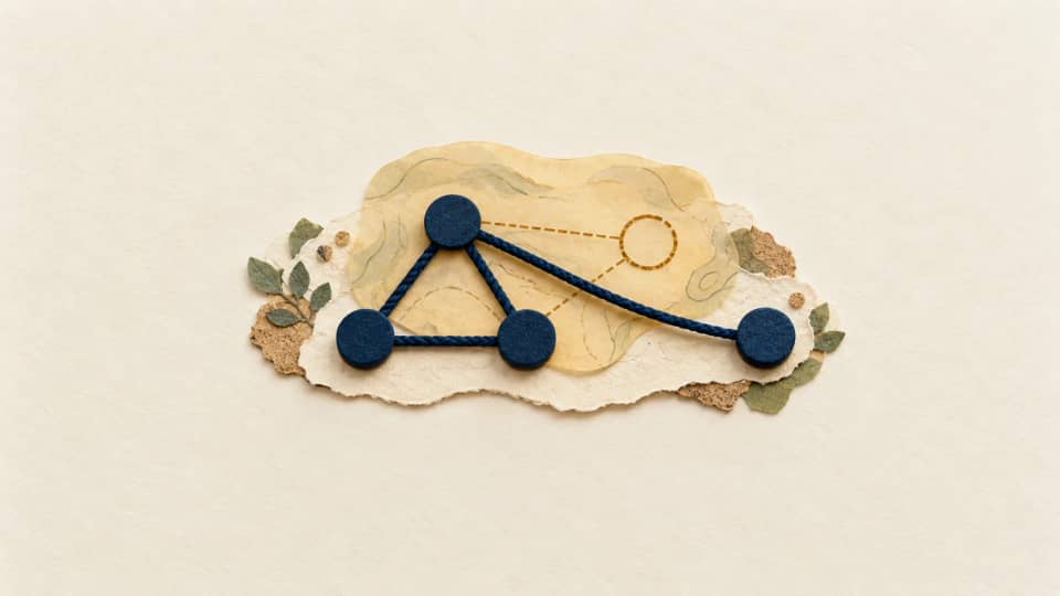 A topology overlay marks an empty old node position while a navy node and its connecting thread sit elsewhere.