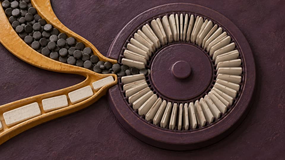 AI-generated ceramic relief of a circular index, with crowded charcoal tokens and waiting ivory tiles converging on the same narrow entry.