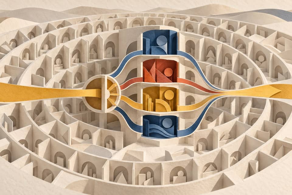 A paper-cut architectural archive keeps many expert chambers available while four colored routes activate for one token.