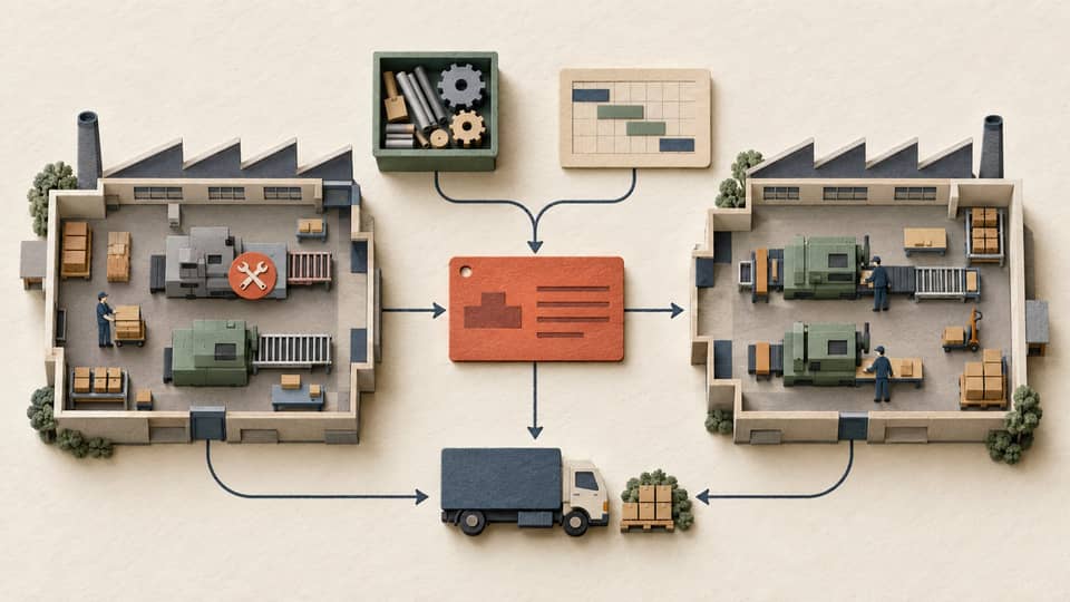 An illustrated production order connects inventory, machine capacity and transport between two factories.