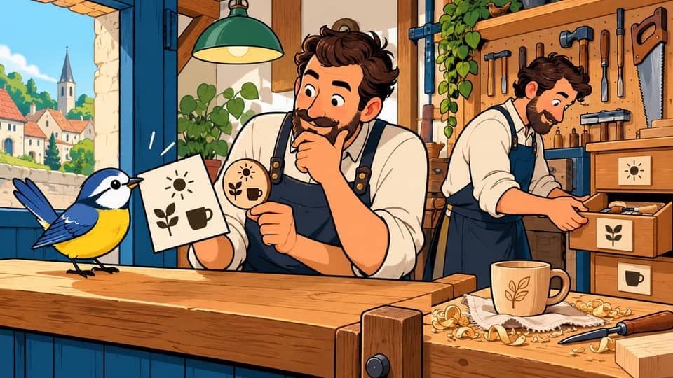 A cartoon bird presents a request card while a workshop clerk checks a matching token before another worker selects a tool.