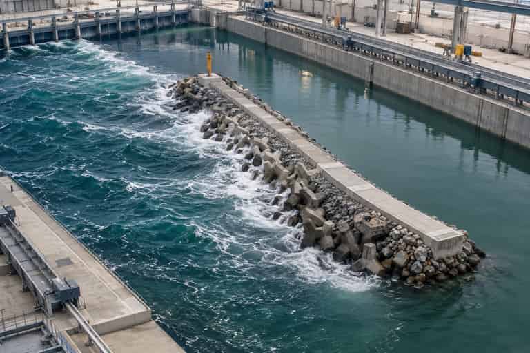 Conceptual hydraulic test basin with a breakwater separating turbulent and sheltered water, illustrating bounded tests and protective controls.
