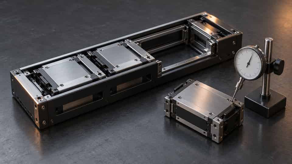 Conceptual steel chassis with swappable modules, one removed module being measured by a separate dial gauge.