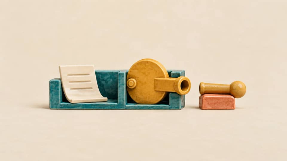 An evidence sheet reaches a closed ceramic action paddle whose matching handle sits separately beyond its empty socket.