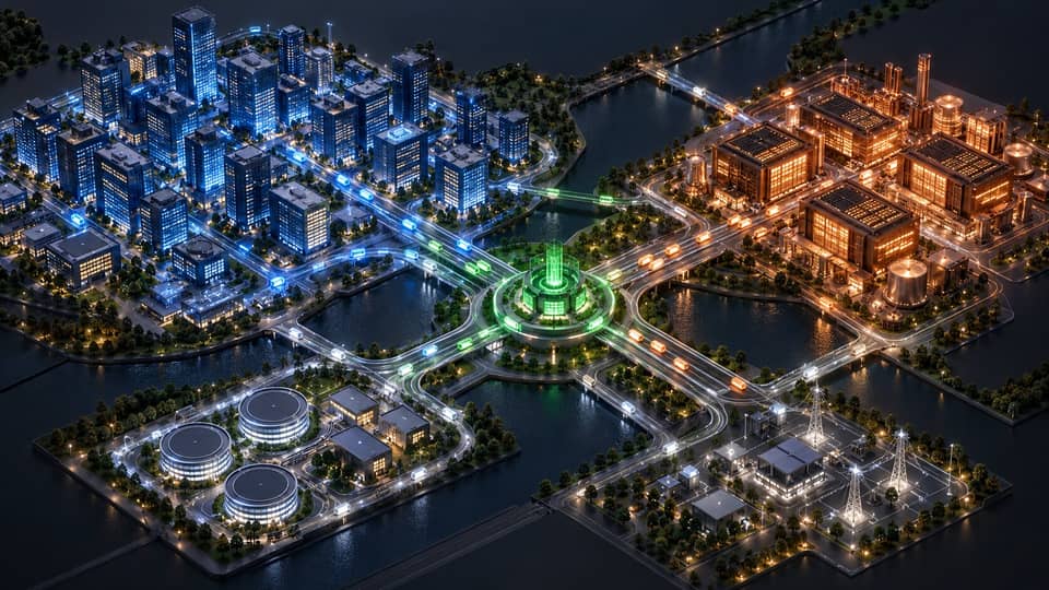 An isometric city separates a blue CPU district and copper GPU district around a green routing exchange with shared utilities.