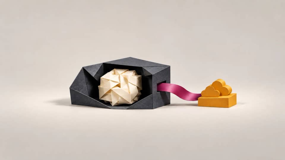 An ivory fold stays inside a charcoal enclosure while a separate magenta ribbon exits to an ochre destination.