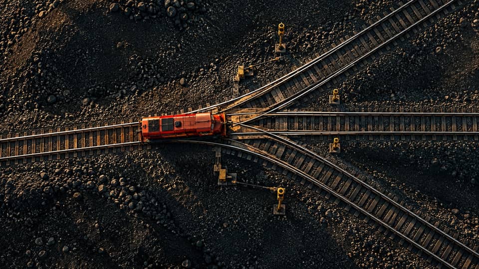 Overhead view of an orange locomotive at a three-way railway junction, a metaphor for model routing.